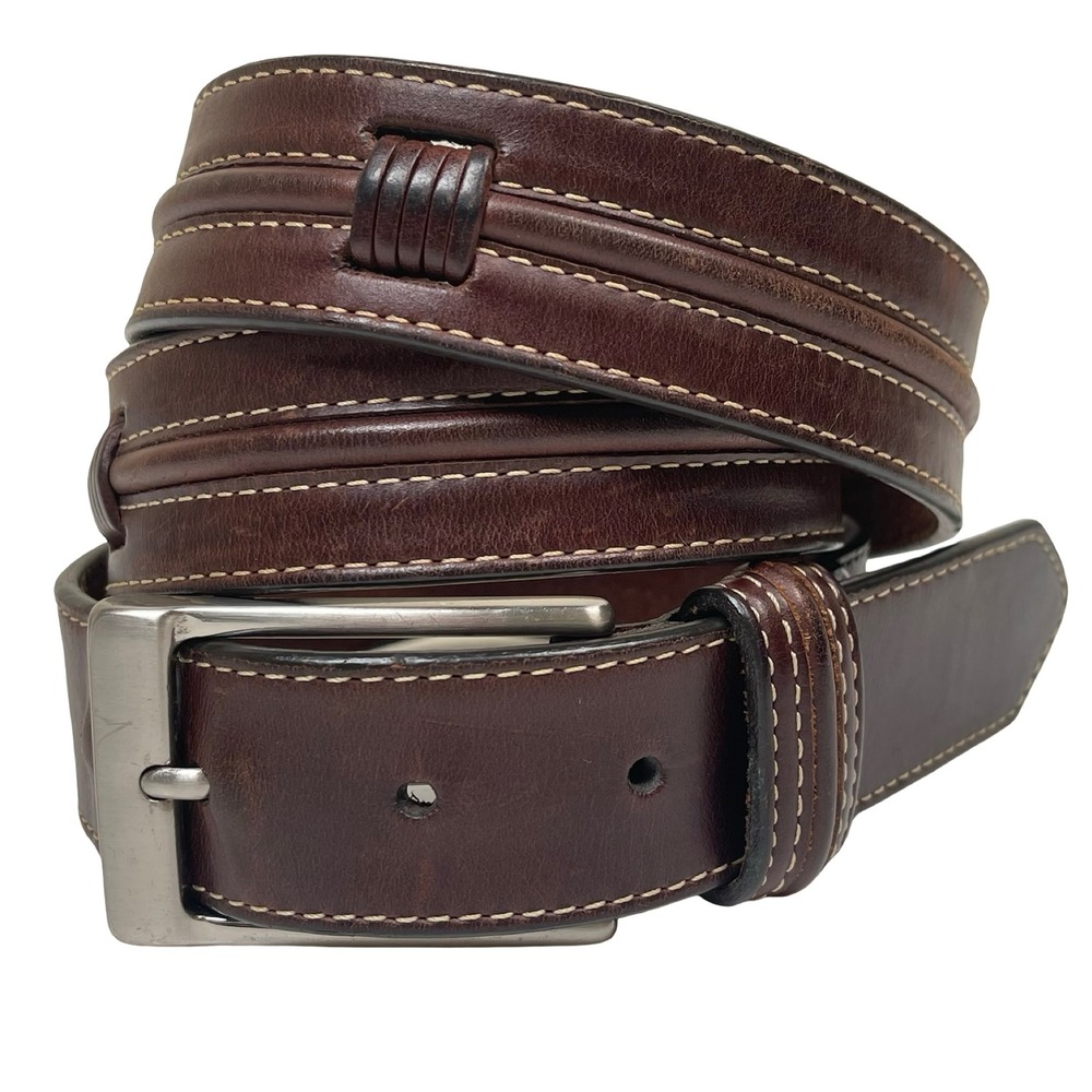 Cole Haan Leather Belt Mens 34 Brown Solid Brass Buckle Stitched Detail Classic